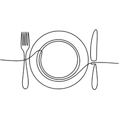 Simple line drawing of a plate, fork, and knife in a minimalist style
