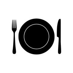 Dining utensils arrangement with fork, plate, and knife in black silhouette