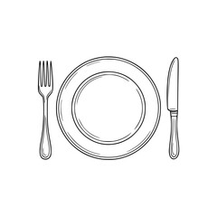 Simple line drawing of a plate, fork, and knife in a dining setup