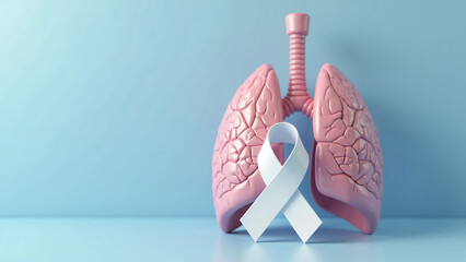 World Lung Cancer Day Awareness with White Ribbon and Lungs Model