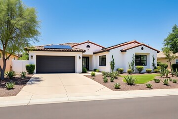Modern white house with solar panels desert landscaping