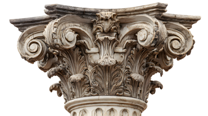 Detailed close up of a corinthian capital showcasing ornate carvings and architectural design isolated on a isolated background