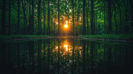 Sunset reflecting in a forest pool. Lush green trees frame a serene scene