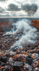 mountain of garbage waste plastic bottles packages of rotting food	
