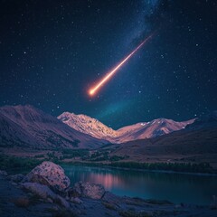 Comet Streaking Across Dark Starry Night Sky