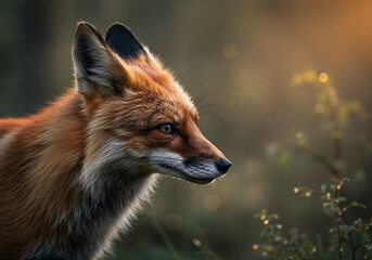 Fototapeta premium Photorealistic Close-Up Fox in Misty Dawn Forest