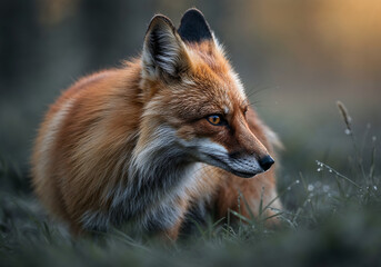 Fototapeta premium Photorealistic Close-Up Fox in Misty Dawn Forest