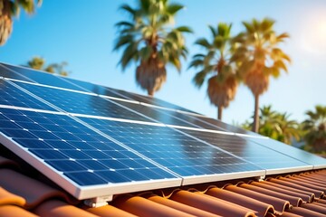 Solar panels on a roof under a sunny sky with palm trees