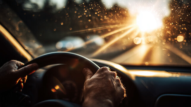 A man is driving a car with his hands on the steering wheel