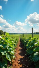 Sun-drenched rows of cotton plants stretch to the horizon under a vast, blue sky A rustic wooden fence lines the field, adding to the idyllic Southern plantation landscape , summer, rustic, sun