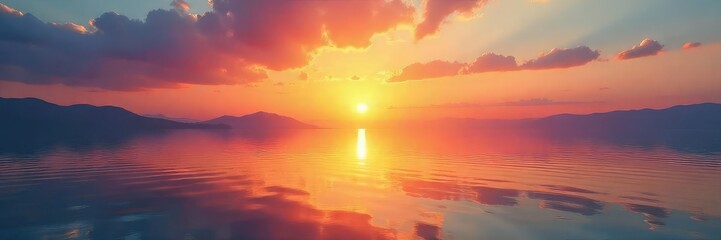 Serene sunrise over tranquil water, reflecting the calm and peaceful energy of a meditative state Perfect for mindfulness, yoga, and spiritual well-being imagery , healthy mind, serenity, light