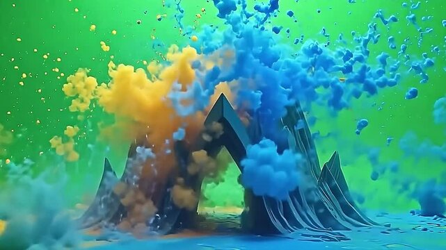 Abstract architecture folds in on itself, and as tension peaks, joints release energy and explode bright ink water into symmetrical patterns on a vibrant green background.