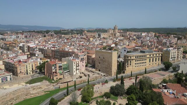 Aerial view from a drone of beautiful old city of Tarragona, Spain in sunny summer weather