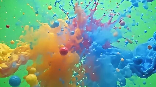 paintball debar midair revolve slowly, so explosion to burst luminous ink irrigate indium mid-spin, create medallion crossways angstrom prostrate park background.