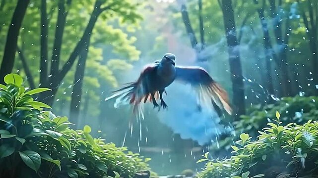 The flapping of synthetic bird wings sends paint particles into the air, which explode bright ink water in arcs over a detailed green background.