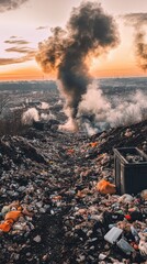 mountain of garbage waste plastic bottles packages of rotting food	

