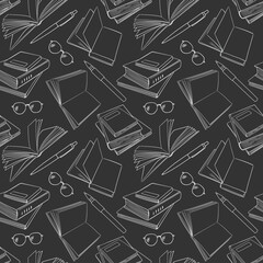 Seamless pattern with open and closed books, pens, pencils and glasses. Vector outline background drawn with doodle elements. For back to school theme, library, wrapping paper, wallpaper.