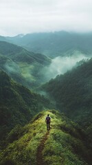A hiker pausing mid-trail to admire the vast view of a green valley under soft mist 