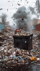 mountain of garbage waste plastic bottles packages of rotting food	
