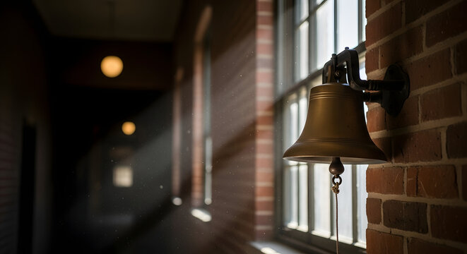 Close-up of a school bell by a window in a brick hallway