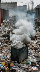 mountain of garbage waste plastic bottles packages of rotting food	
