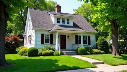 Charming single-family home nestled on a tree-lined street, perfect for a cozy and comfortable family life Features a well-maintained lawn and inviting front porch , clouds, traditional, stone