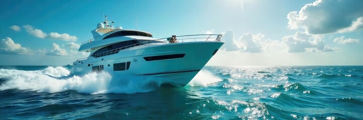 Fototapeta premium A vibrant, sun-drenched scene of a luxurious yacht splashing through turquoise ocean waves, creating a dramatic wake Perfect for travel, luxury, and adventure themes , bright, sea, boat