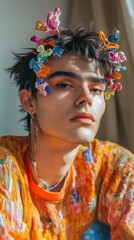 A nonbinary model experimenting with colorful hair clips and accessories at home 