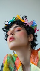 A nonbinary model experimenting with colorful hair clips and accessories at home 