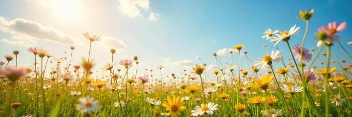 Fototapeta premium A sun-drenched field of wildflowers swaying gently in the breeze, embodying pure joy and serenity Perfect for themes of peace, optimism, and wellbeing , green, abundance