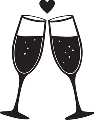 Toast to Love: A charming monochrome illustration depicts two champagne glasses clinking together beneath a heart symbol, perfect for celebrating love, weddings, or special occasions.