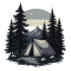 Mountain Camping Illustration: A tranquil illustration depicts a lone tent nestled amidst towering pine trees, with majestic mountains and a crescent moon in the backdrop.