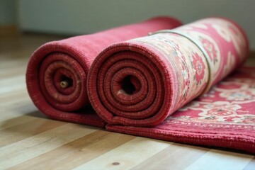 A rolled-up carpet, secured with rope, ready for transport Moving day essentials, protecting flooring during relocation Shows careful preparation for house move , fiber, relocation