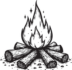 Campfire Illustration: A hand-drawn illustration of a crackling campfire, with flames reaching skyward, and logs nestled around the embers. perfect for camping themes. 
