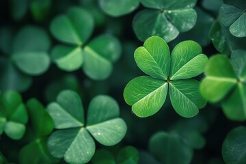 Vibrant green four leaf clover amongst shamrocks