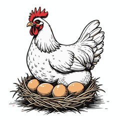 Nesting Hen: A detailed, hand-drawn illustration of a hen, meticulously rendered with careful linework, brooding protectively over a clutch of eggs in a nest.