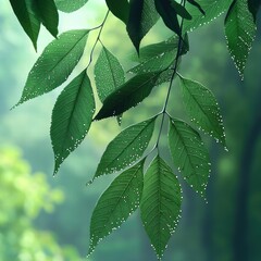 Fresh Green Leaf with Glistening Water Droplets