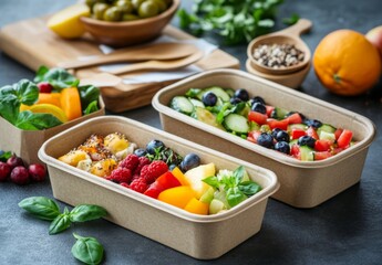 food containers filled with healthy, fresh fruits on the side. The containers are made from eco-friendly materials such as paper or glass to create sustainable packaging for eating out.
