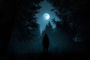 Silhouette of a Person Standing Before a Full Moon in a Dark Forest