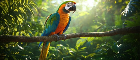 Bright Bird Sitting on Lush Green Jungle Branch