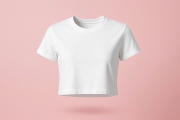 Stylish White Crop Top: A clean and elegant, high-resolution studio shot captures a modern, white crop top with perfect simplicity and sleekness against a soft pink backdrop.