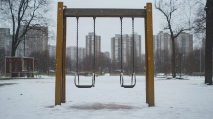 empty playground with metal swings, overcast weather, snowy ground, a city in the background