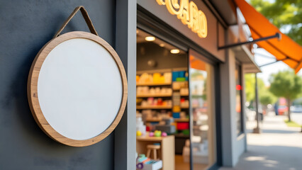 Blank circular wooden store signage hanging on dark wall outside retail shop with blurred background and bright daylight