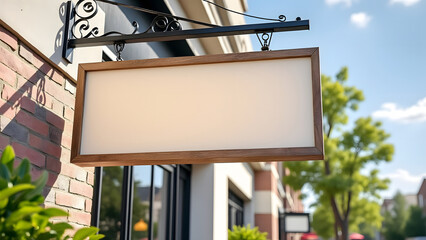 Blank rectangular store signage mockup hanging on metal bracket with wooden frame outside brick building on sunny day
