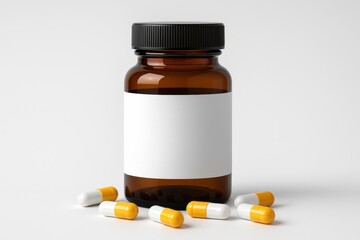 Medicine Bottle Mockup: Amber glass bottle with blank label and scattered capsules, perfect for pharmaceutical or supplement branding.  