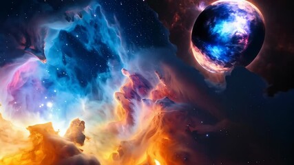 Colorful cosmic nebula with vibrant orange, blue, and purple clouds and twinkling stars in deep outer space - Powered by Adobe