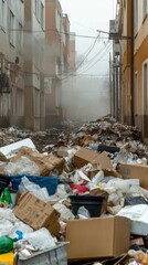 mountain of garbage waste plastic bottles packages of rotting food	
