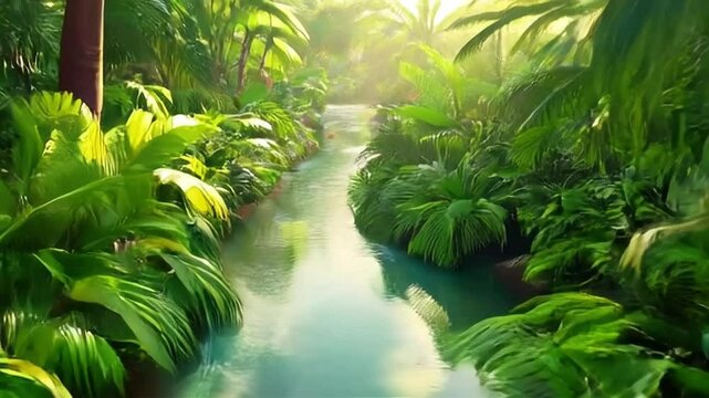 cartoon flat jungle scene with an animated river stream meandering through dense tropical plants. Soft sunlight filters through the leaves