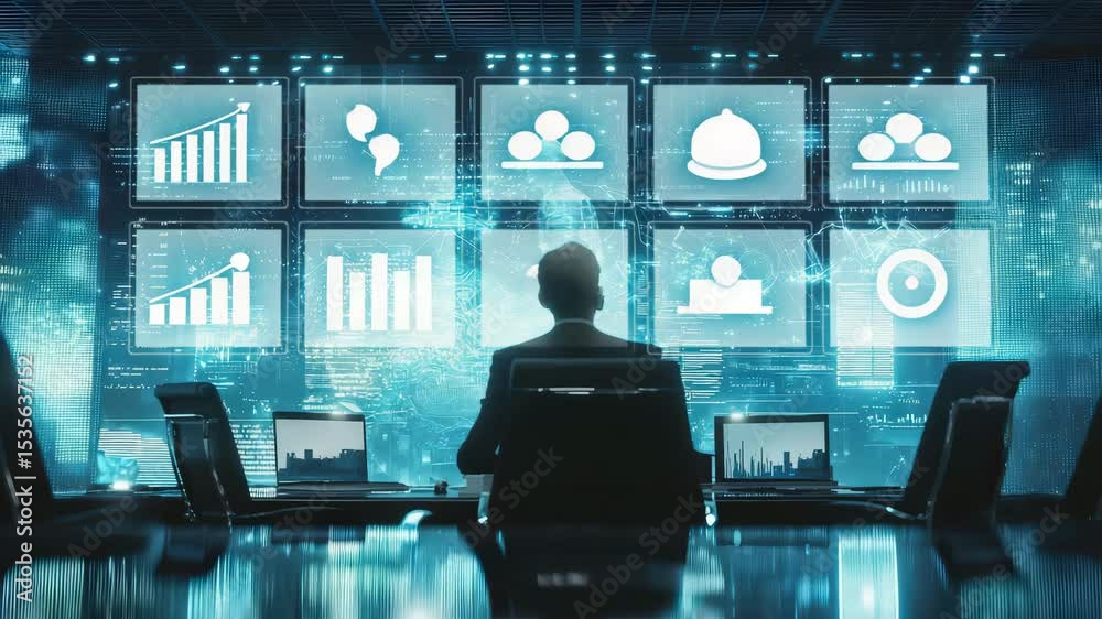 Poster a person in a suit interacts with a massive digital screen displaying holographic data and an artifi