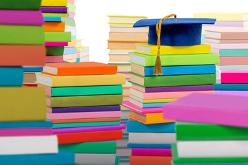 Stack of colorful books in multi-colored covers with elementary graduate cap on top on isolated background. Reading literature for grade children. Collection in library. Textbooks for Primary School